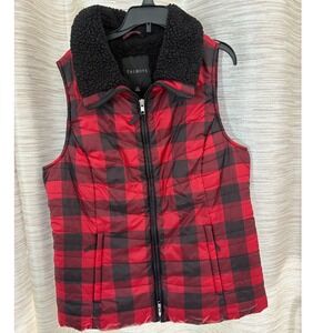 Talbots Red & Black Buffalo Plaid Quilted Vest with Sherpa Collar